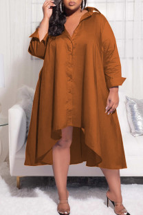 Coffee Casual Solid Patchwork Buckle Turndown Collar Shirt Dress Plus Size Dresses
