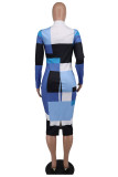 Blue Elegant Color Block Patchwork Slit Zipper Zipper Collar Pencil Skirt Dresses