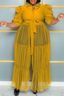 Yellow Elegant Solid Bandage Patchwork Buckle Mesh Turndown Collar Long Dress Plus Size Dresses