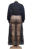 Burgundy Elegant Patchwork Buckle Pearl Mesh Turndown Collar Long Dress Plus Size Dresses