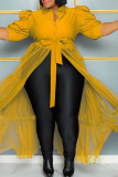 Yellow Elegant Solid Bandage Patchwork Buckle Mesh Turndown Collar Long Dress Plus Size Dresses