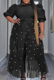Black Vintage Bandage Patchwork Buckle Pearl Mesh Turndown Collar A Line Plus Size Dresses