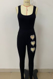 Black Casual Heart Shaped Patchwork Hot Drill U Neck Sleeveless Two Pieces