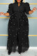 Black Vintage Bandage Patchwork Buckle Pearl Mesh Turndown Collar A Line Plus Size Dresses