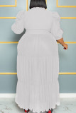 White Elegant Solid Bandage Patchwork Buckle Mesh Turndown Collar Long Dress Plus Size Dresses