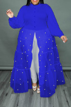 Royal Blue Elegant Patchwork Buckle Pearl Mesh Turndown Collar Long Dress Plus Size Dresses