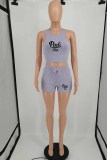 Purple Casual Print Letter O Neck Sleeveless Two Pieces