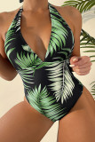 Green Sexy Sportswear Floral Bandage Patchwork High Opening Swimwears