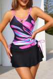 Purple Sportswear Print Patchwork Draw String Swimwears(With Paddings)