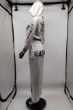 Silver Gray Casual Street Print Letter Hooded Collar Long Sleeve Two Pieces