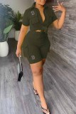 Army Green Casual Street Print Letter Turndown Collar Short Sleeve Two Pieces