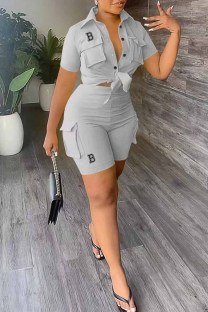 Grey Casual Street Print Letter Turndown Collar Short Sleeve Two Pieces