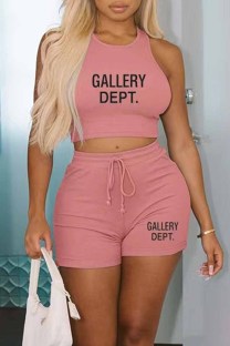 Pink Casual Street Print Letter O Neck Sleeveless Two Pieces