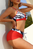 Red Sportswear Print Patchwork Swimwears(With Paddings)