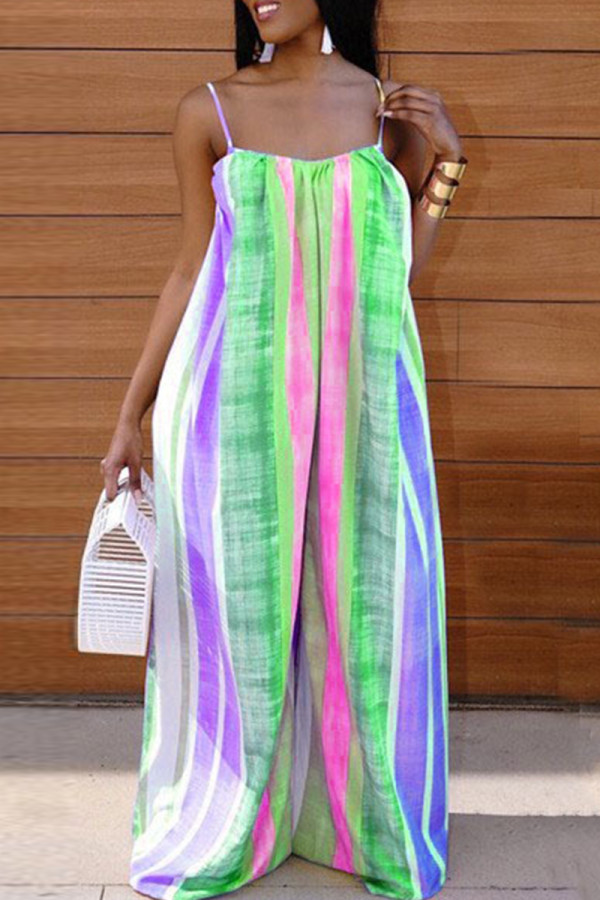 Green Casual Color Block Patchwork Spaghetti Strap Loose Jumpsuits