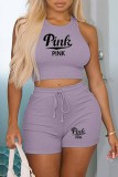 Pink Casual Print Letter O Neck Sleeveless Two Pieces