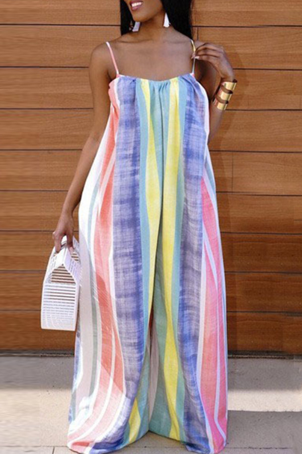 Blue Casual Color Block Patchwork Spaghetti Strap Loose Jumpsuits