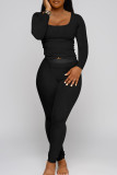 Black Sexy Casual Solid Patchwork U Neck Long Sleeve Two Pieces