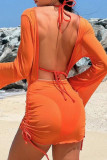 Tangerine Red Sportswear Solid Patchwork See-through 3 Piece Sets(With Paddings)