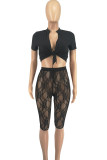 Black Sexy Street Solid Lace Patchwork See-through Cardigan Collar Short Sleeve Two Pieces