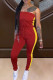 Red Casual Patchwork Draw String Contrast Strapless Regular Jumpsuits