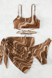 Brown Sportswear Print Patchwork Cross Straps 3 Piece Sets(With Paddings)