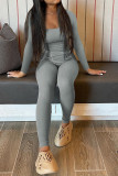 Light Gray Sexy Casual Solid Patchwork U Neck Long Sleeve Two Pieces