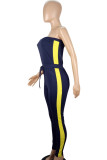 Yellow Casual Patchwork Draw String Contrast Strapless Regular Jumpsuits