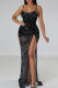 Black Sexy Solid Sequins Patchwork High Opening Spaghetti Strap Long Dress Dresses