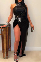 Black Sexy Elegant Solid Sequins Patchwork High Opening Fold Hot Drill Zipper O Neck Long Dress Dresses