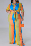 Blue Casual Color Block Bandage Patchwork Turndown Collar Plus Size Two Pieces