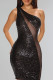 Black Sexy Street Solid Sequins Patchwork See-through One Shoulder Wrapped Skirt Dresses