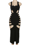 Black Sexy Street Solid Hollowed Out Patchwork Slit Asymmetrical Collar Long Dress Dresses