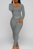 Light Gray Sexy Casual Solid Patchwork U Neck Long Sleeve Two Pieces