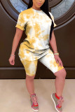 Yellow Fashion Casual Print Gradient Two Piece Suits pencil Short Sleeve Two Pieces