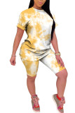 Light yellow Fashion Casual Print Gradient Two Piece Suits pencil Short Sleeve Two Pieces