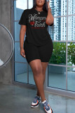 Black Casual Hot Drilling Patchwork O Neck Short Sleeve Two Pieces
