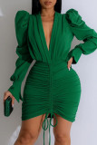 Red Elegant Solid Patchwork Draw String Fold V Neck Wrapped Skirt Dresses