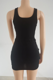 Black Sexy Solid Hollowed Out U Neck Sleeveless Two Pieces