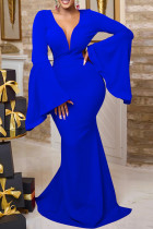 Blue Sexy Elegant Solid Hollowed Out Patchwork Backless V Neck Evening Dress Dresses