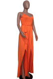 Tangerine Red Casual Solid Patchwork High Opening Spaghetti Strap Loose Jumpsuits