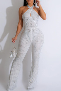 White Elegant Hollowed Out Patchwork Buttons Hot Drill Halter Regular Jumpsuits