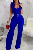 Red Sexy Street Solid Patchwork With Belt Asymmetrical Collar Regular Jumpsuits