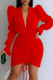 Red Elegant Solid Patchwork Draw String Fold V Neck Wrapped Skirt Dresses