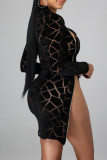 Black Sexy Geometric Patchwork Zipper Zipper Collar Sheath Dresses