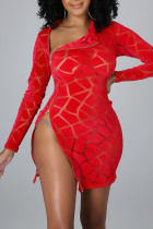 Red Sexy Geometric Patchwork Zipper Zipper Collar Sheath Dresses