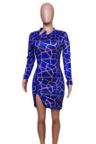 Blue Sexy Geometric Patchwork Zipper Zipper Collar Sheath Dresses