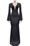Black Sexy Elegant Solid Hollowed Out Patchwork Backless V Neck Evening Dress Dresses