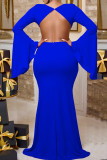 Blue Sexy Elegant Solid Hollowed Out Patchwork Backless V Neck Evening Dress Dresses