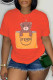 Orange Casual Print Letter O Neck T-Shirts